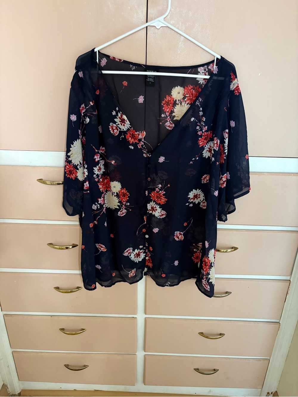 torrid Navy Floral Sheer Button V-Neck Top